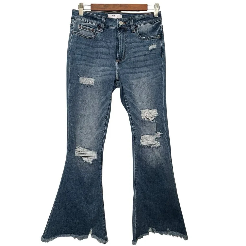 Ceros High Rise Flare Wide Leg Distressed Jeans Boho Festival Raw Hem Size‎ 28